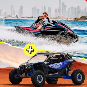 Monster Experience branded dune buggy in Dubai desert and Jet Ski riding waves with Burj Khalifa in the background - best dubai combo package