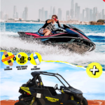 Monster experience branded 1 seater Polaris ATV parked in Dubai desert sand dunes with Jet ski riding waves with Burj Khalifa in background