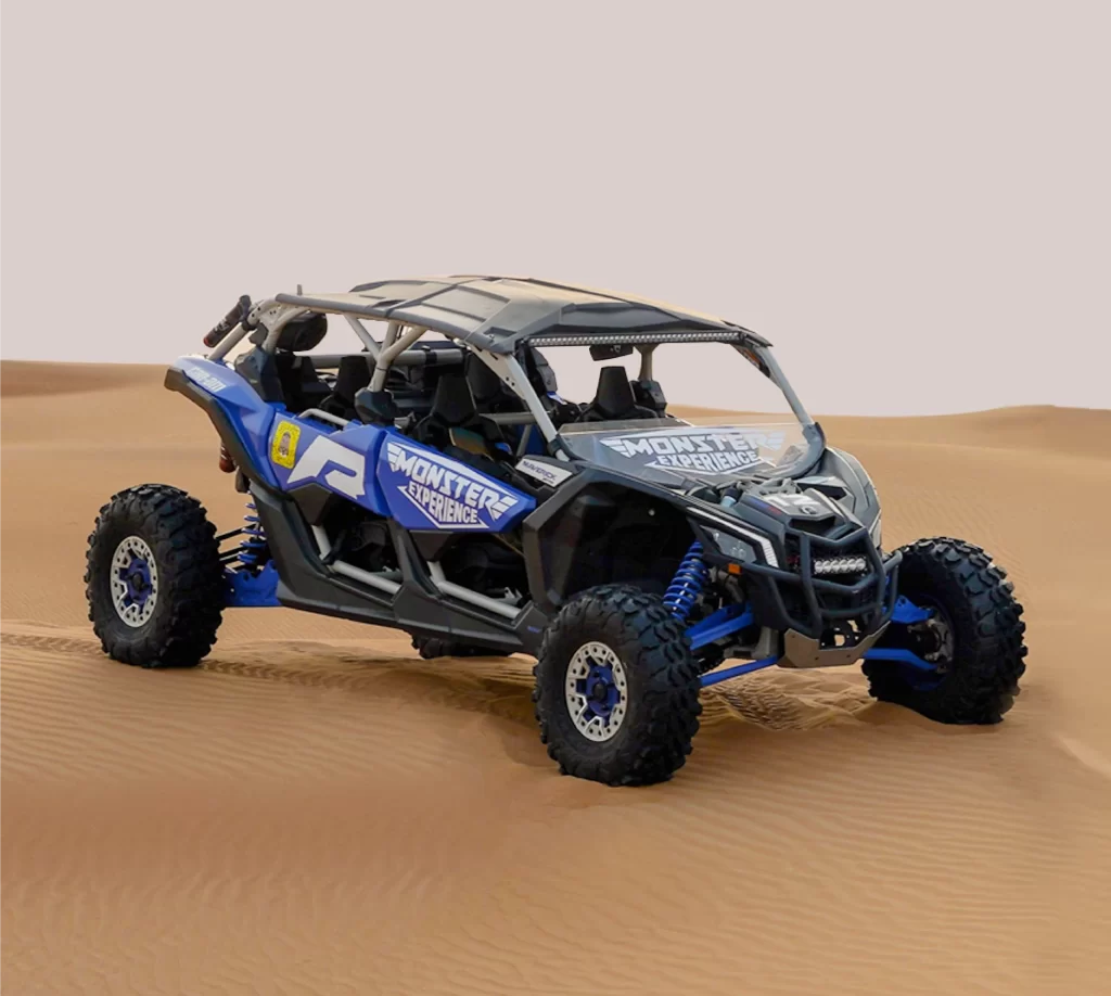 Maverick X3 Turbo 4 Seater Blue color dune buggy in desert. blue can am maverick x3 turbo 4 seater in desert